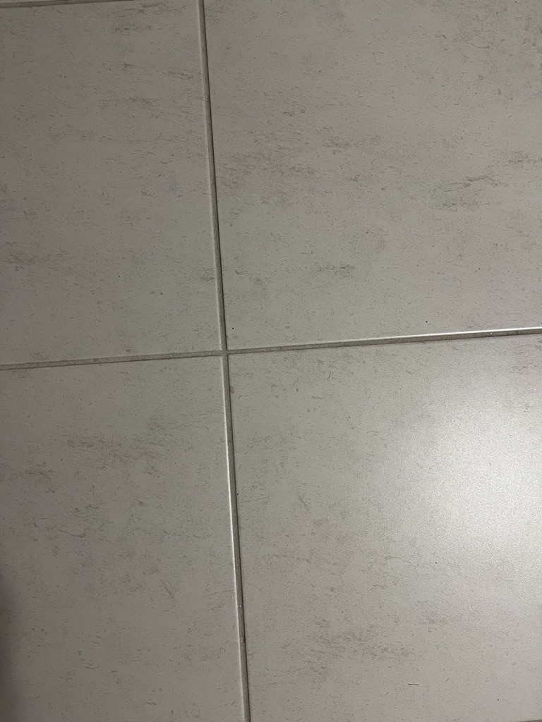 Clean bathroom tile and grout lines after detail cleaning.
